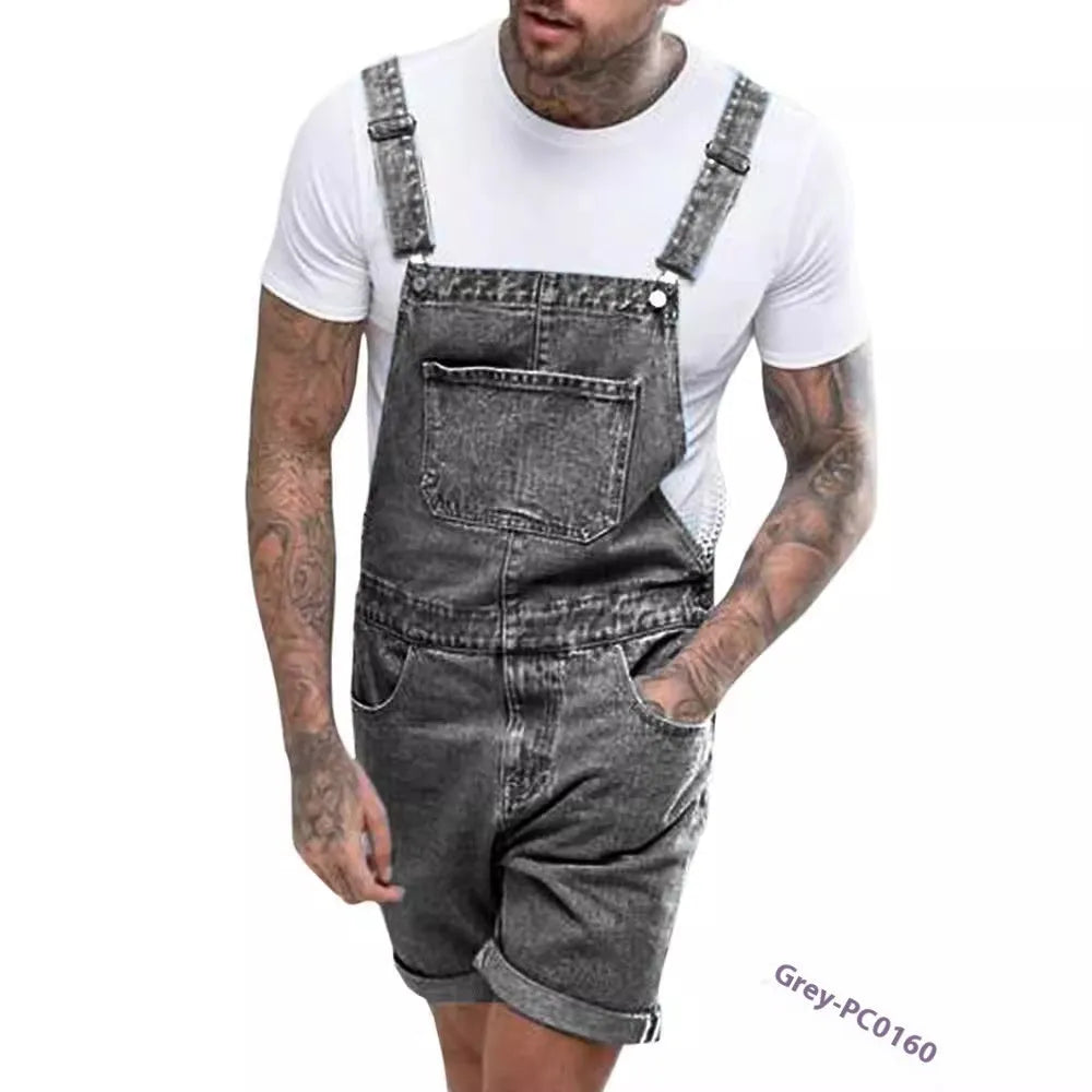Youth denim suspenders shorts in straight-leg short length, shown in blue, with a mid-waist fit and zipper fly.