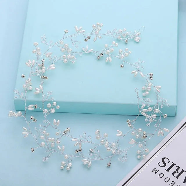Wedding hair band with crystal pearls, 100cm length, in silver, gold, or rose gold finish