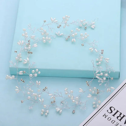 Wedding hair band with crystal pearls, 100cm length, in silver, gold, or rose gold finish
