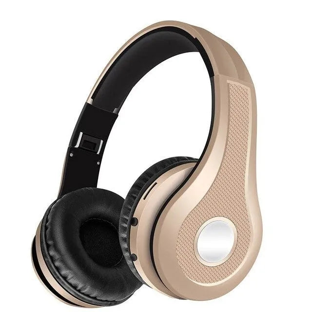 Metallic finish Bluetooth over-ear headset shown in black, red, blue, and gold colour options.