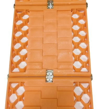 Orange folding vehicle rescue board showing folded and unfolded positions with anti slip rubber surface