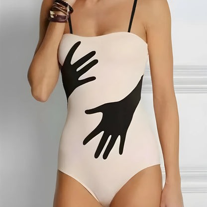 Women's one-piece bikini swimsuit with gauze skirt cover-up on beach