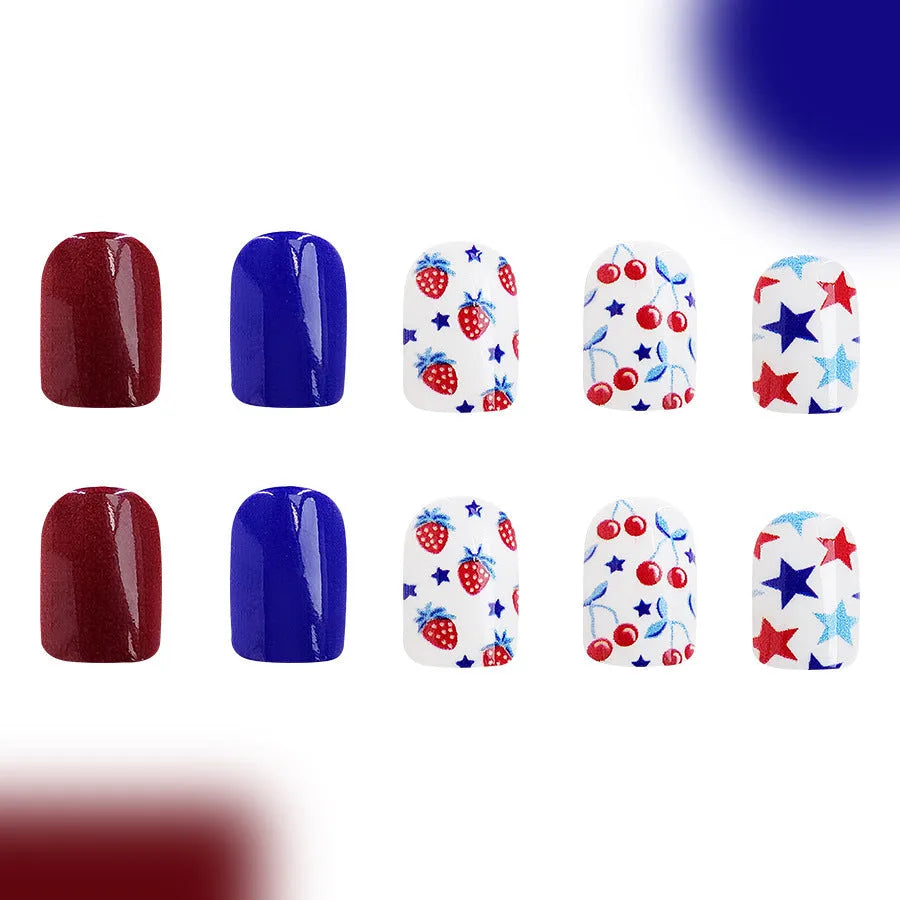 Short glossy red and blue strawberry cherry design press on nail stickers - 24 piece pack