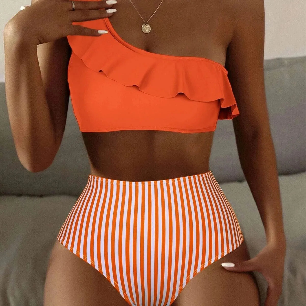 Women's striped split design bikini swimsuit in Army Green colour with V-neck sleeveless style