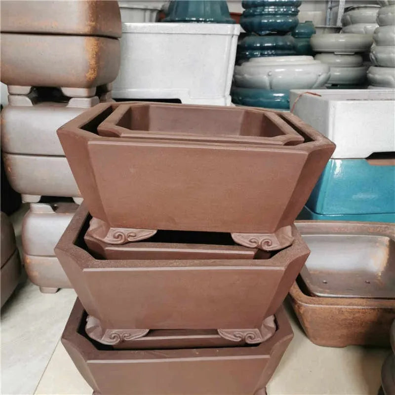 40cm Square Tree Stump Bonsai Pot in Purple Clay, Brown Finish, 2-Piece Set for Tabletop and Floor Display of Flowers and Plants