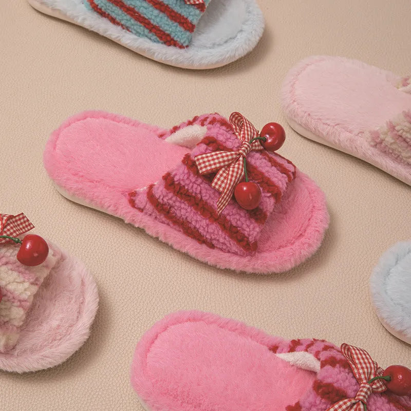 Cherry open plush slippers with contrast colour design, PVC sole, 1-3cm heel, in pink, red and blue, or rose red