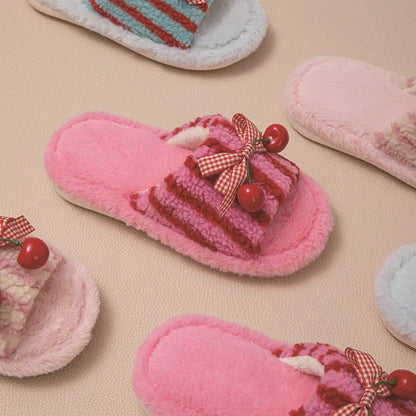 Cherry open plush slippers with contrast colour design, PVC sole, 1-3cm heel, in pink, red and blue, or rose red