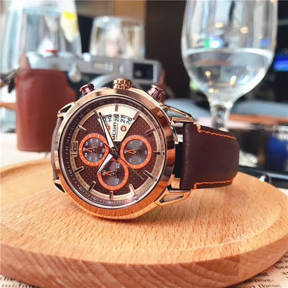 Men's black waterproof luminous quartz watch with leather strap and alloy case