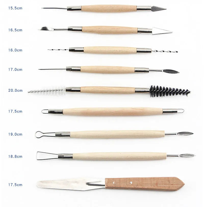 27-piece pottery clay tool set with stainless steel, wood, and plastic tools in an OPP storage bag.