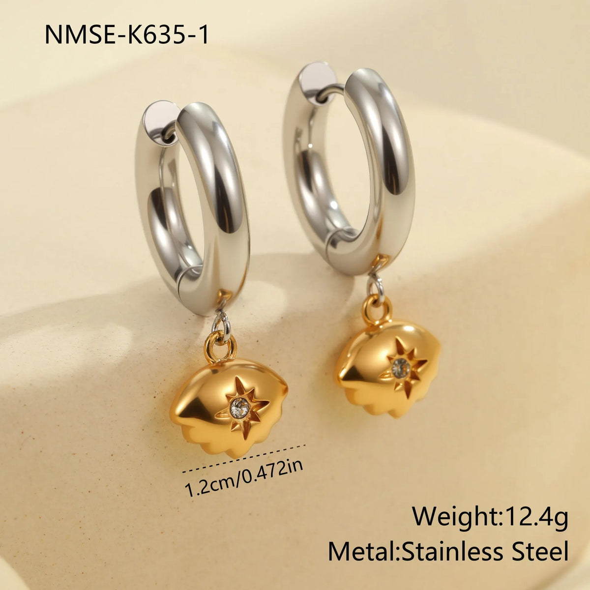 Stainless steel Christmas tree earrings with 18K electroplated finish and heart-shaped star ornament designs