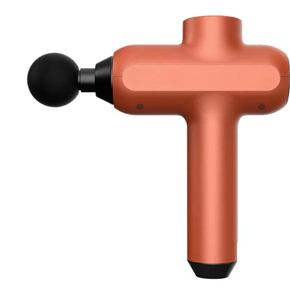 Black rechargeable muscle massager with six interchangeable heads measuring 25x20x6cm