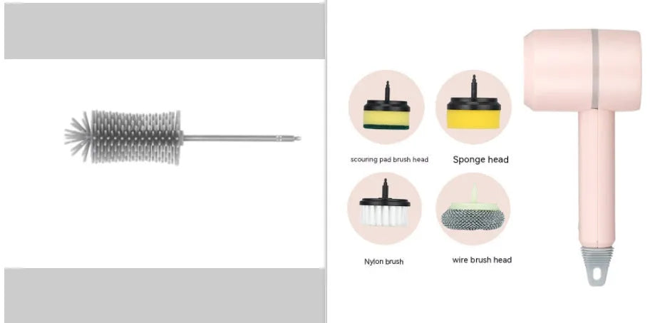 Green electric cleaning brush with multiple brush heads on a kitchen worktop.