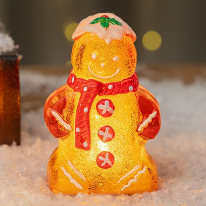 Glowing Christmas gingerbread man and snowman ornaments with LED lights in red, white, and transparent scarf variations