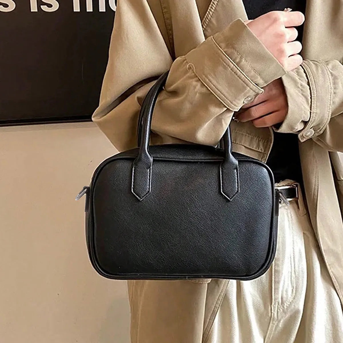 Small square retro messenger bag with single shoulder strap in black or coffee colour