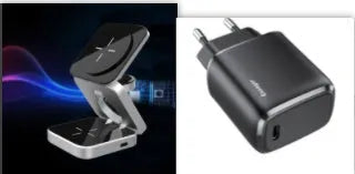 Silver foldable 3-in-1 wireless charging station for iPhone, Apple Watch and AirPods