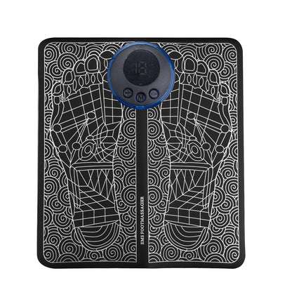 Leather foot massage cushion with LCD display and wireless remote control on a floor.