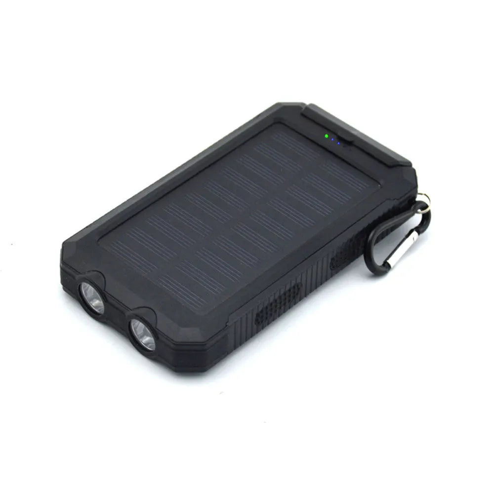 Black solar power bank with compass display and dual LED lights, showing 20000mAh capacity label.