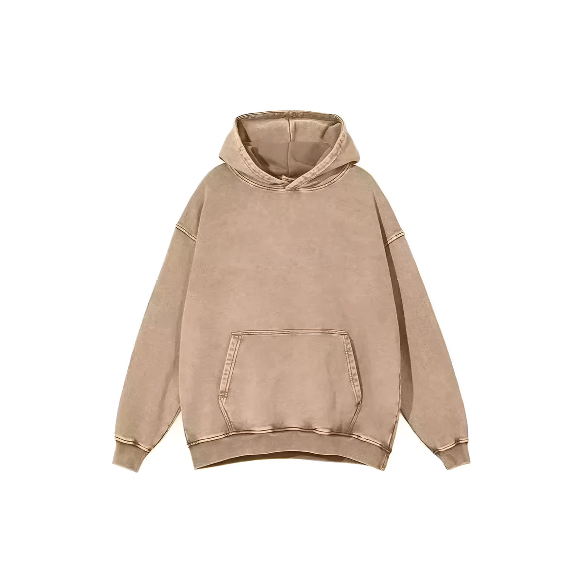 Man wearing a loose, collarless cotton hoodie with a batik-washed texture in a brown colour.