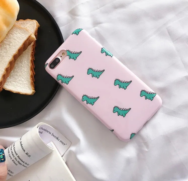 Pink dinosaur phone case with bracket and glossy IMD finish for iPhone models