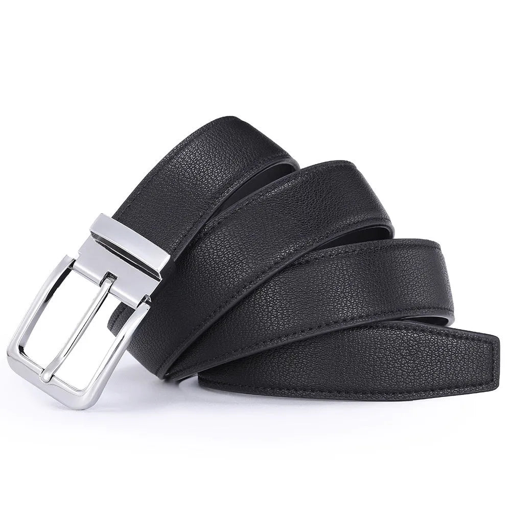 Men's genuine leather belt with an alloy pin buckle showing an embossed water drop pattern.