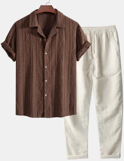 Men's camouflage print linen short-sleeved shirt and trousers set with cardigan lapel in slim-fit style