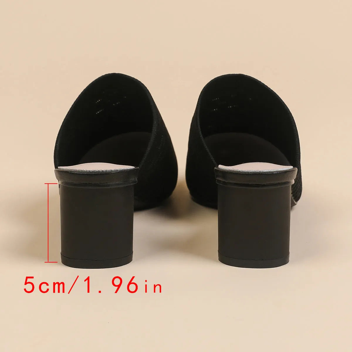 Women's black pointed toe sandals with a fabric upper and a 5cm chunky rubber heel