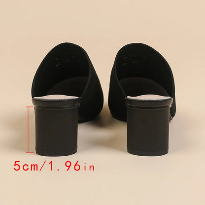 Women's black pointed toe sandals with a fabric upper and a 5cm chunky rubber heel