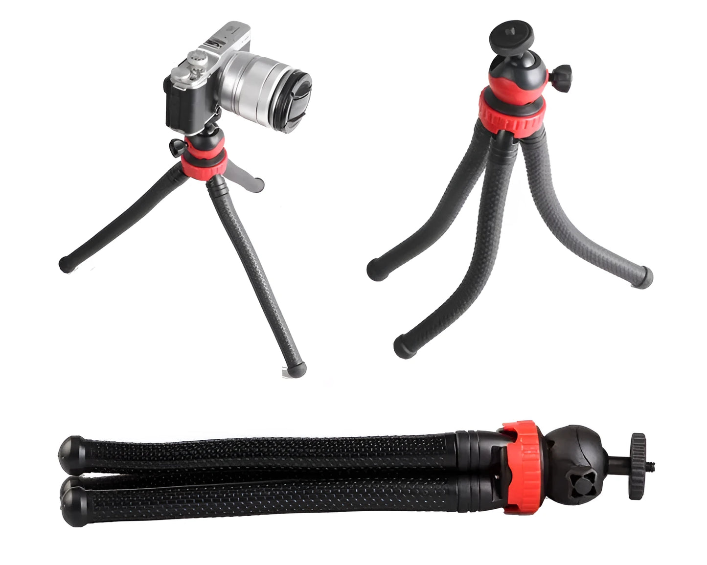 Black octopus tripod with flexible rubber legs wrapped around a pole, holding a smartphone.