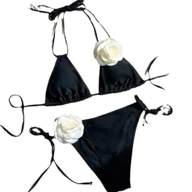 Black 3D flower lace bikini swimsuit with drawstring detailing and backless briefs design