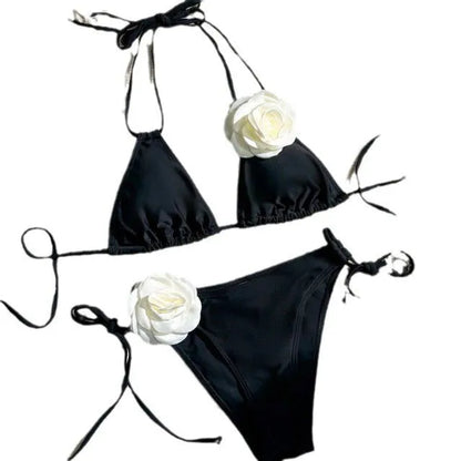 Black 3D flower lace bikini swimsuit with drawstring detailing and backless briefs design