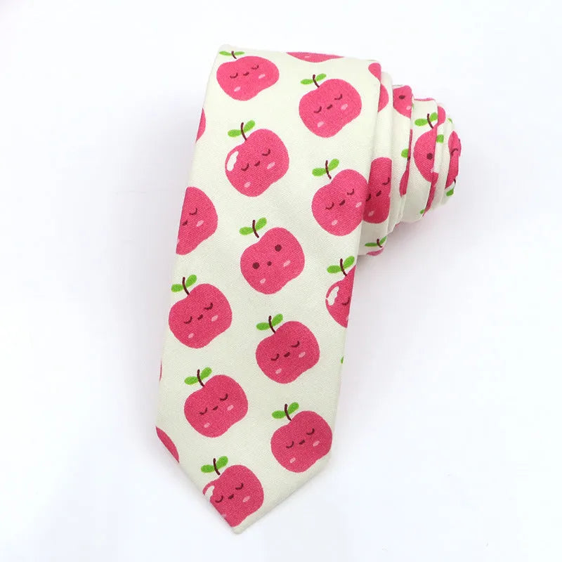 Korean style narrow men's cotton bow tie with a printed cartoon pattern on an adjustable fabric strap.