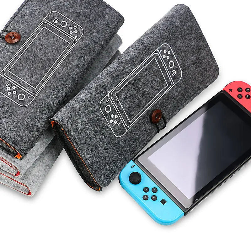 Black felt pouch bag for Nintendo Switch showing game card slots and double layer storage compartments
