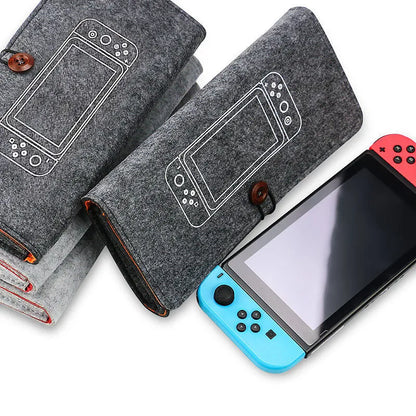 Black felt pouch bag for Nintendo Switch showing game card slots and double layer storage compartments