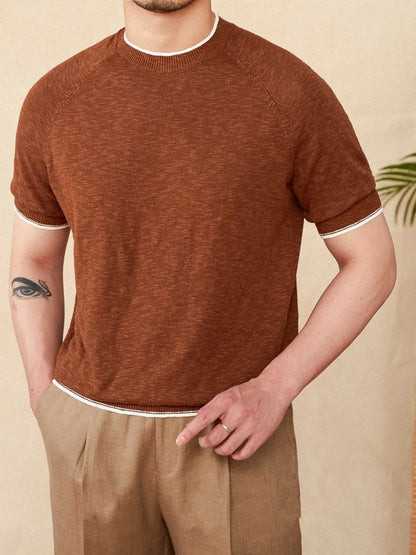 Brown linen-cotton blend casual T-shirt with round neck and short sleeves on a hanger