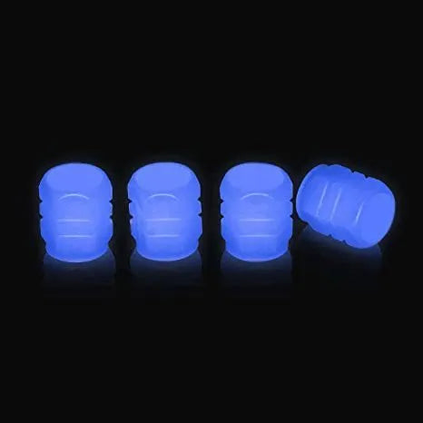 Glow-in-the-dark rubber tyre valve caps in five colour options on tyre valve stem