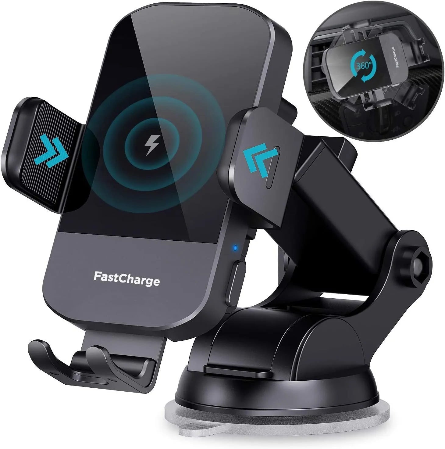 Black bare metal car wireless charging stand with 15W fast charging, shown with air vent clip and dashboard tripod.