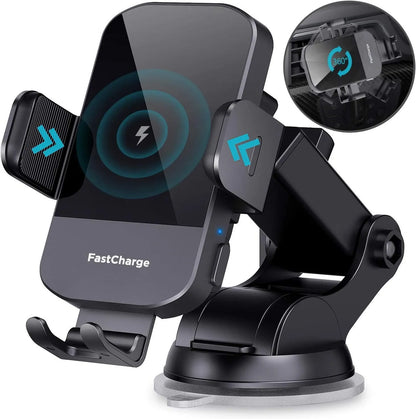 Black bare metal car wireless charging stand with 15W fast charging, shown with air vent clip and dashboard tripod.