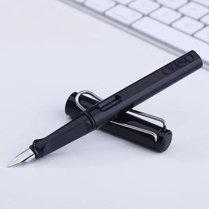 A 0.5mm ink sac pen with a steel nib, plastic shell, and ink bag cartridge visible.