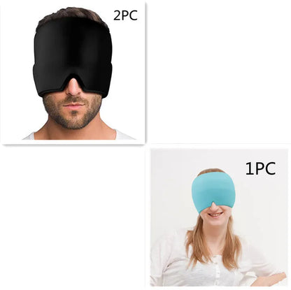 Black elastic cloth gel cold compress eye mask for headache relief on a grey background.