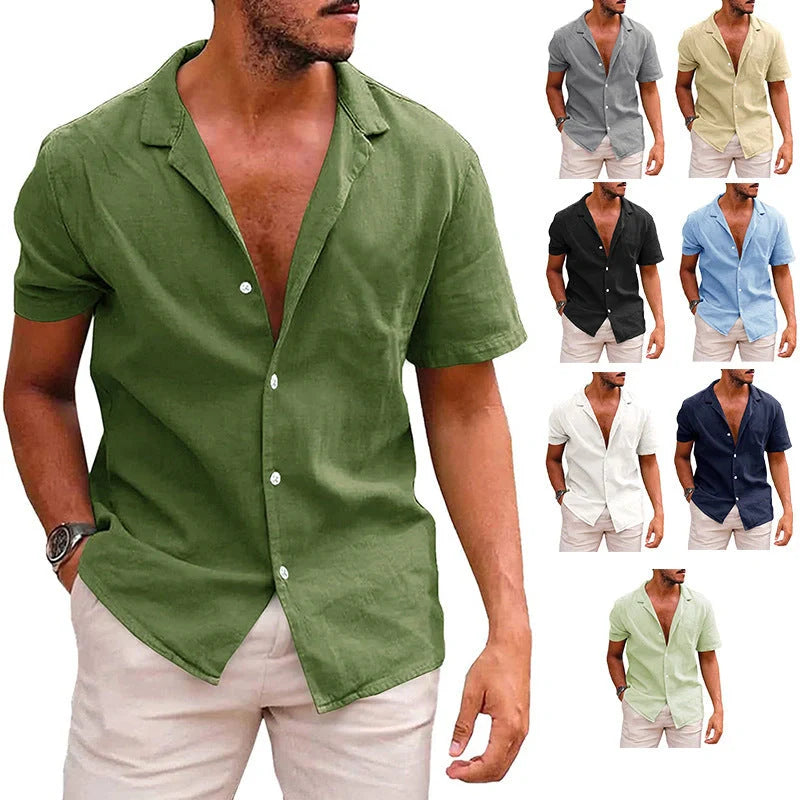 Men's linen-cotton blend short sleeve button down shirt in various colours