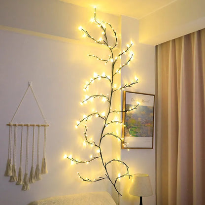 LED rattan tree light string arrangement with warm white illumination for decorative room lighting