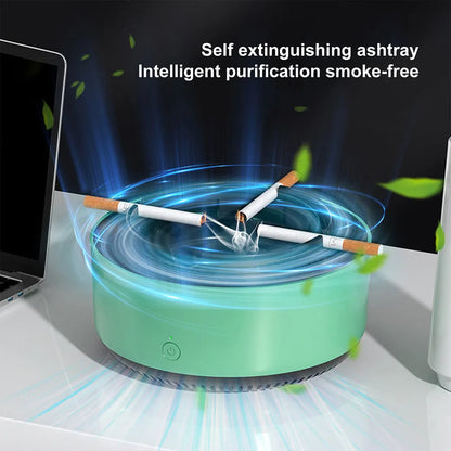 Grey intelligent electronic air purifier ashtray with fan, shown on a desk next to a cigarette.