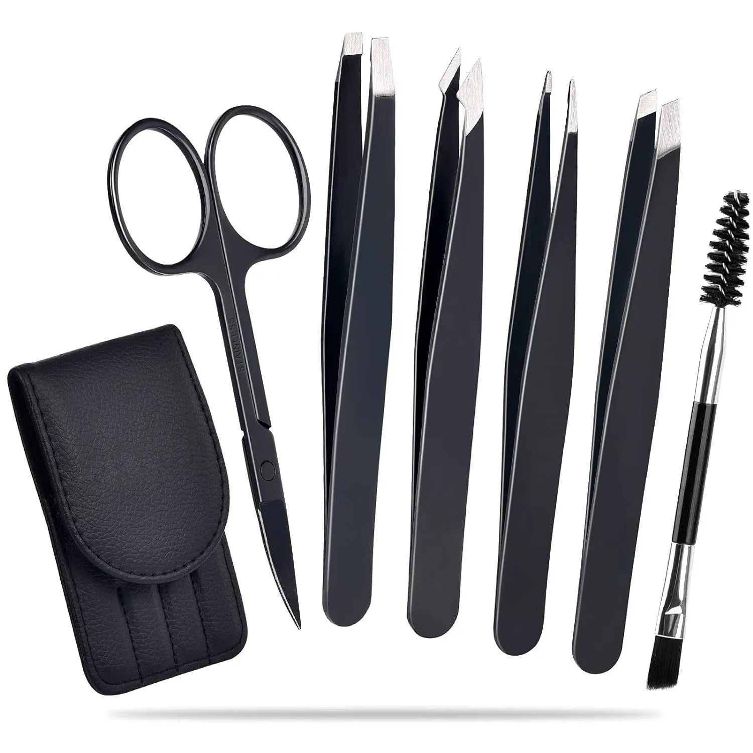 Professional stainless steel eyebrow tweezers set with scissors, brush, and leather case.