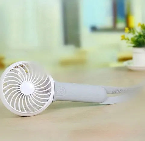 Blue coloured USB rechargeable hand-held fan with LED light, showing 200mm blades and compact size.
