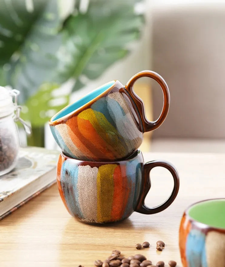 Handmade ceramic mug with lid and spoon in blue, green, yellow, or pink colours