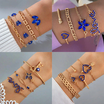 4-piece Blue Flower Love Butterfly Bracelet Set with sparkling rhinestones