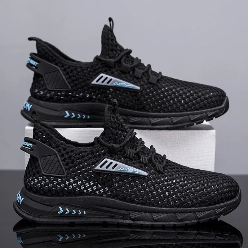 Men's beige casual sneakers with mesh lining and lace-up front on a white background.