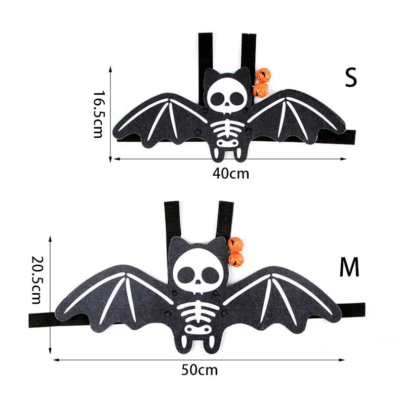 Halloween costume for a cat featuring batwing sleeves, made from felt, in orange pumpkin bat design.