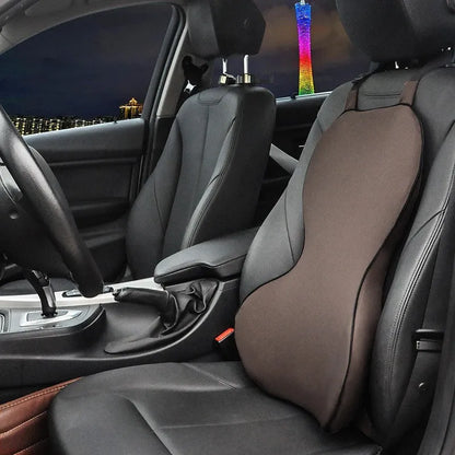 Universal fit memory cotton car lumbar support cushion in solid colour, shown on a car seat.