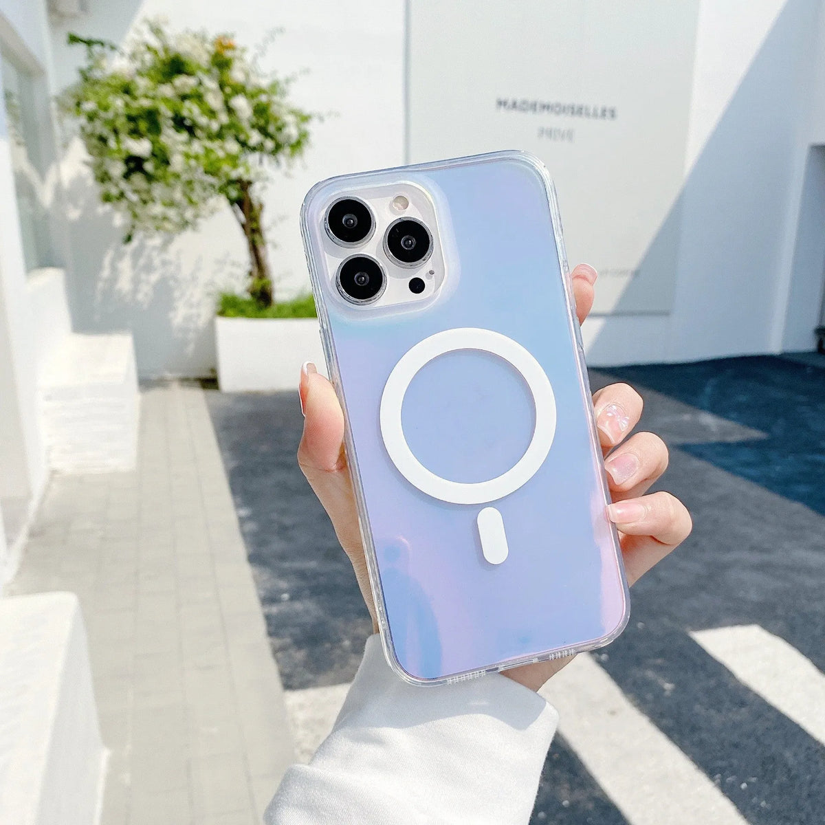 Transparent frosted magnetic iPhone case for iPhone 14 Pro Max, 13 Pro Max, 12 Pro Max, made from TPU and PC with wavy pattern.